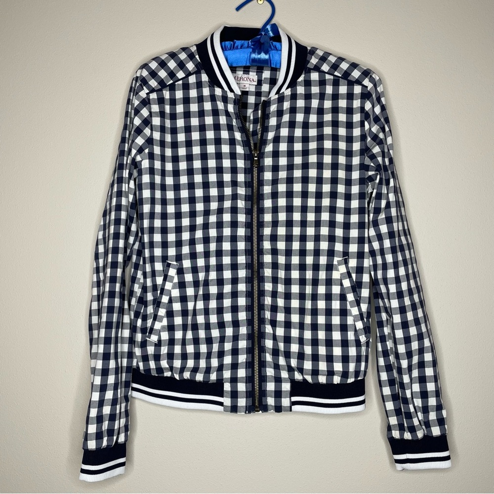 Merona Cotton Blend Navy and White Checkered Bomber/Baseball Jacket